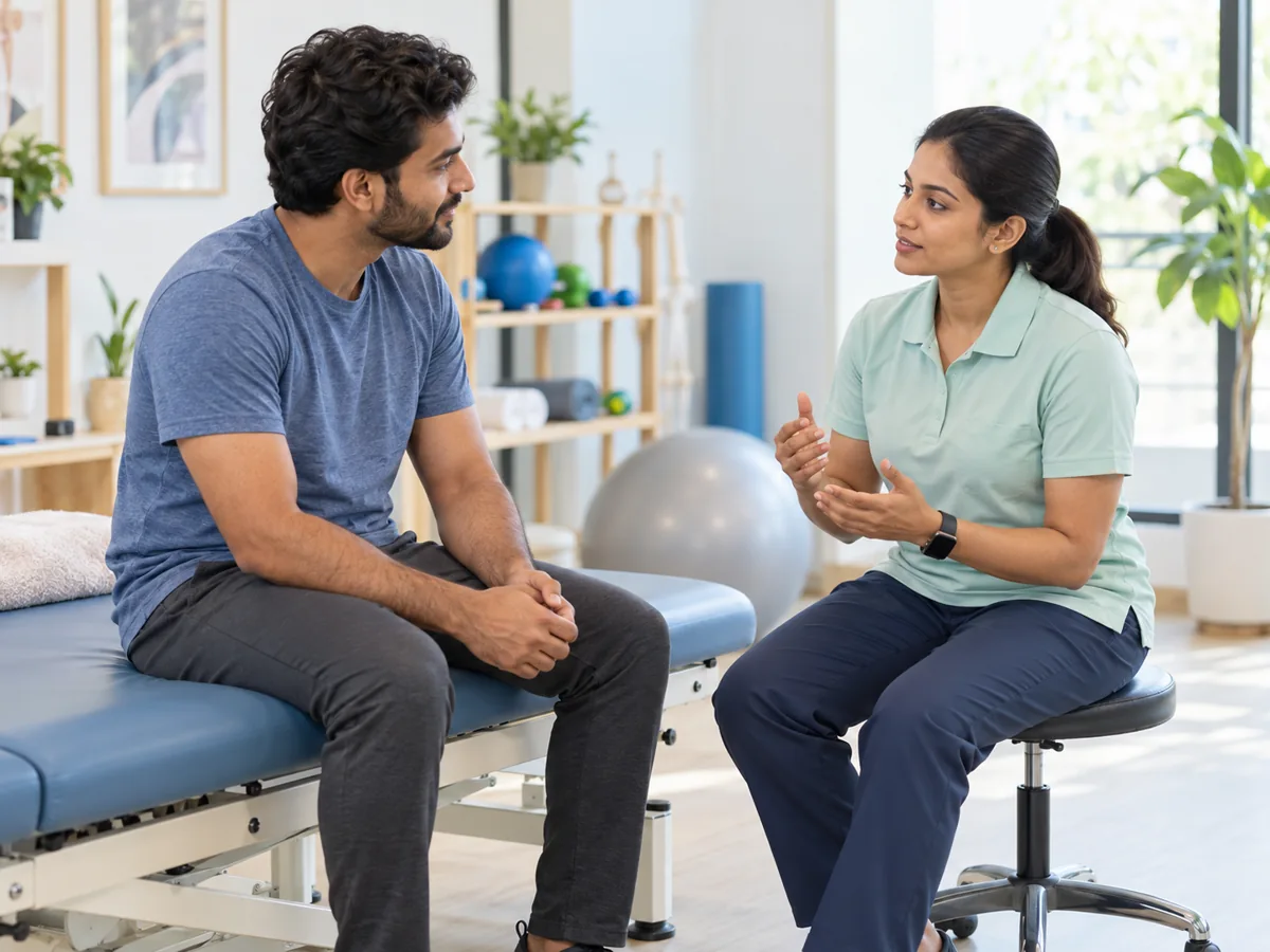 Illustrative image of a physiotherapist speaking with a patient