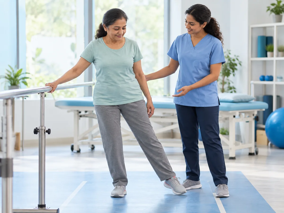 Illustrative image of a patient practising a supported mobility exercise