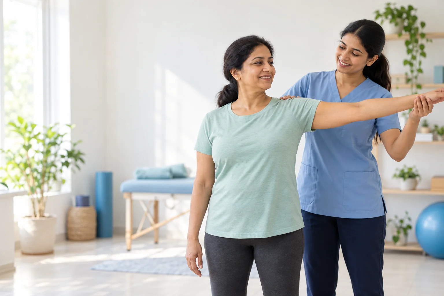 Illustrative image of a physiotherapist guiding a gentle shoulder movement