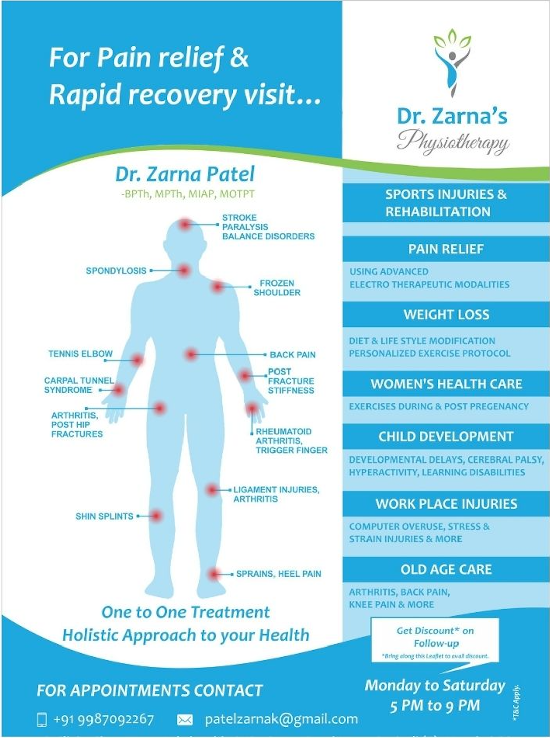 Dr. Zarnr Patel physiotherpy contact Number +91 9987092267